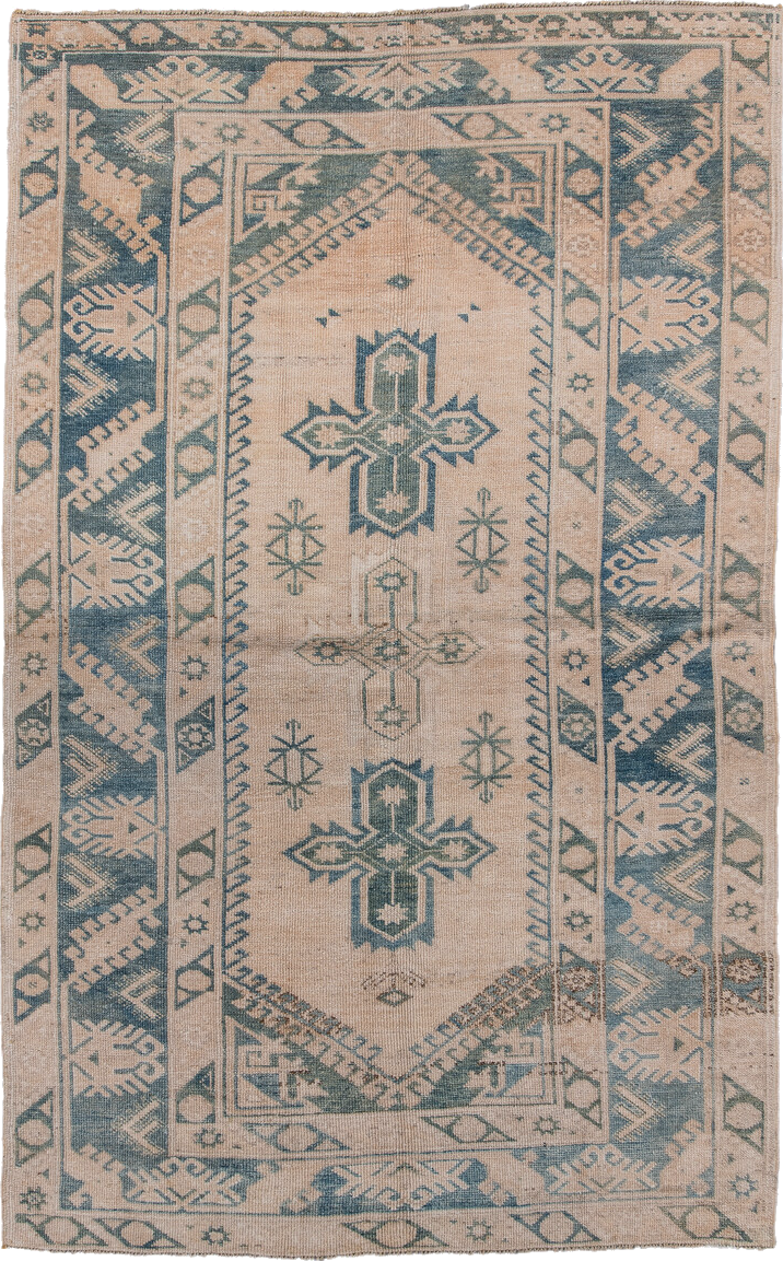 4' x 7' one-of-a-kind handmade vintage Oushak rug. Color palette: black, blue, charcoal, dim gray, gray, light gray