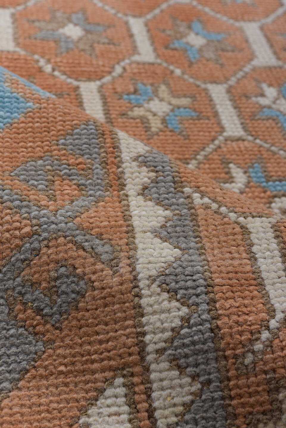 3' x 11' one-of-a-kind handmade antique Oushak runner rug. Color palette: terra cotta, ivory, sky blue, taupe, camel, brown