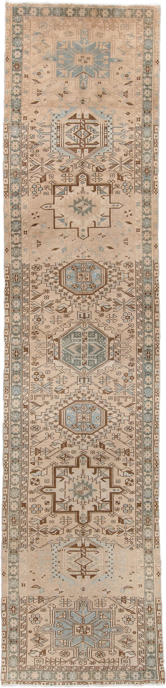 3' x 14' one-of-a-kind handmade antique Heriz runner rug. Color palette: ivory, sky_blue, taupe, camel, brown, sage