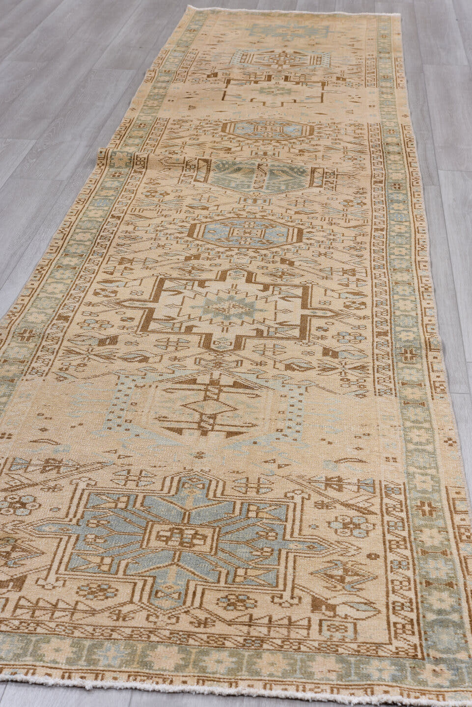 3' x 14' one-of-a-kind handmade antique Heriz runner rug. Color palette: ivory, sky_blue, taupe, camel, brown, sage