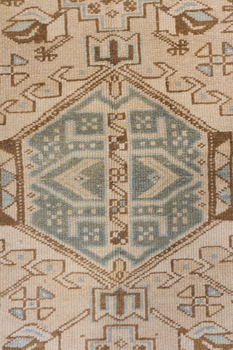3' x 14' one-of-a-kind handmade antique Heriz runner rug. Color palette: ivory, sky_blue, taupe, camel, brown, sage