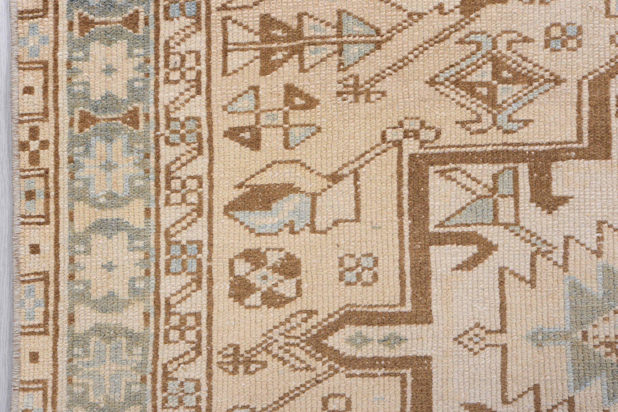 3' x 14' one-of-a-kind handmade antique Heriz runner rug. Color palette: ivory, sky_blue, taupe, camel, brown, sage