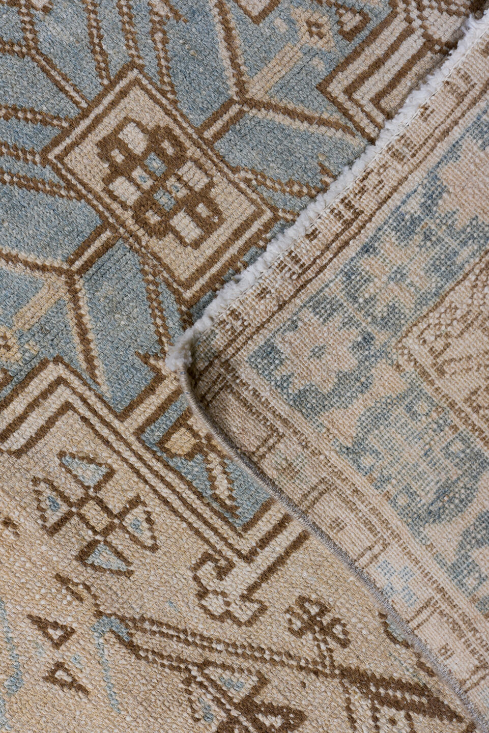 3' x 14' one-of-a-kind handmade antique Heriz runner rug. Color palette: ivory, sky_blue, taupe, camel, brown, sage