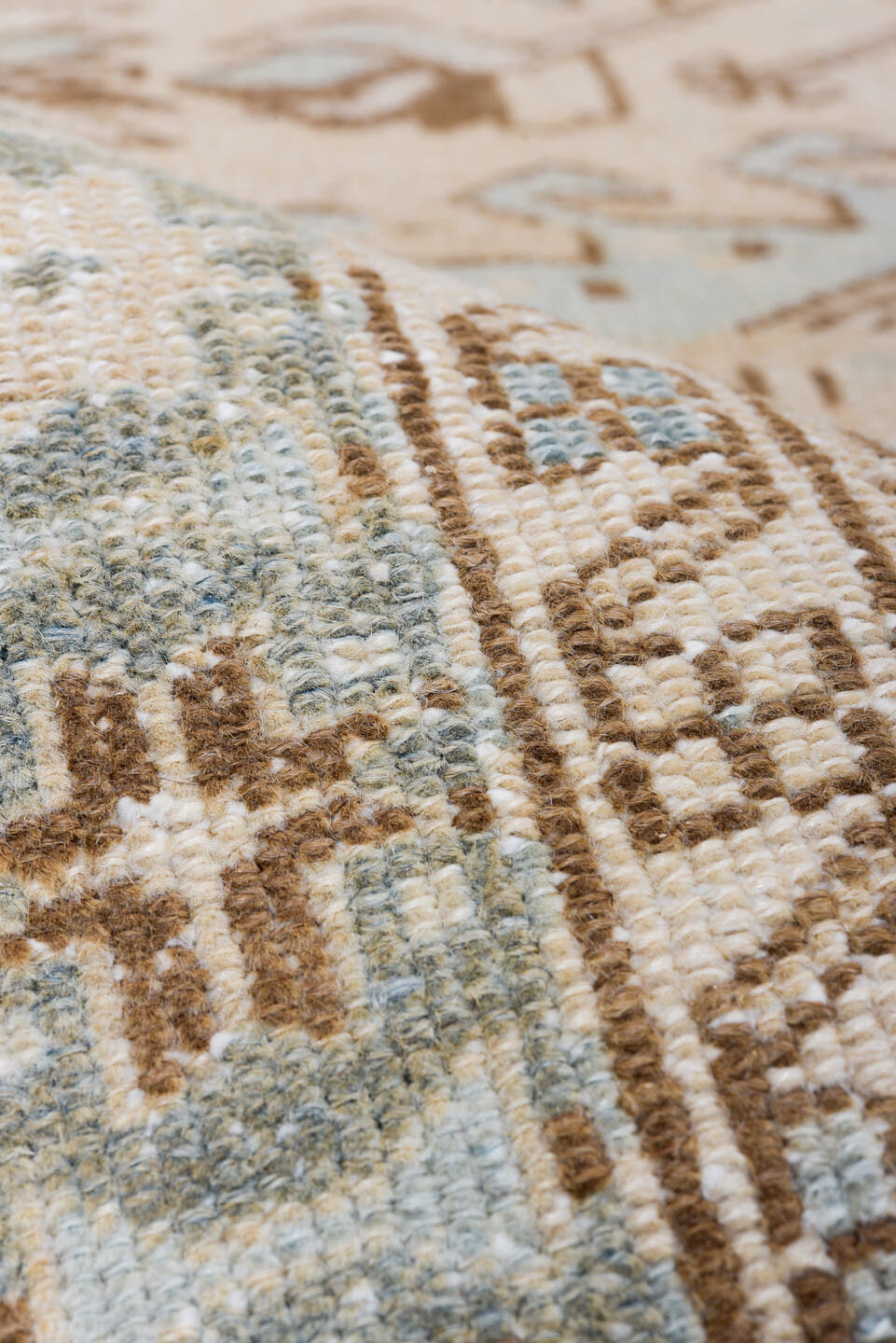 3' x 14' one-of-a-kind handmade antique Heriz runner rug. Color palette: ivory, sky_blue, taupe, camel, brown, sage