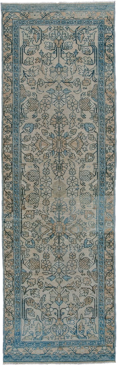3' x 9' one-of-a-kind handmade antique Malayer runner rug. Color palette: ivory, sky blue, taupe, beige, slate, camel