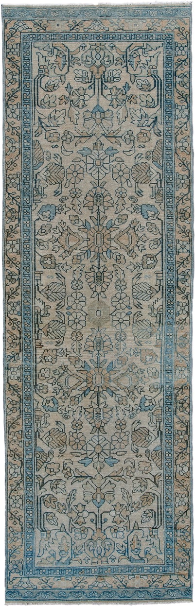 3' x 9' one-of-a-kind handmade antique Malayer runner rug. Color palette: ivory, sky blue, taupe, beige, slate, camel