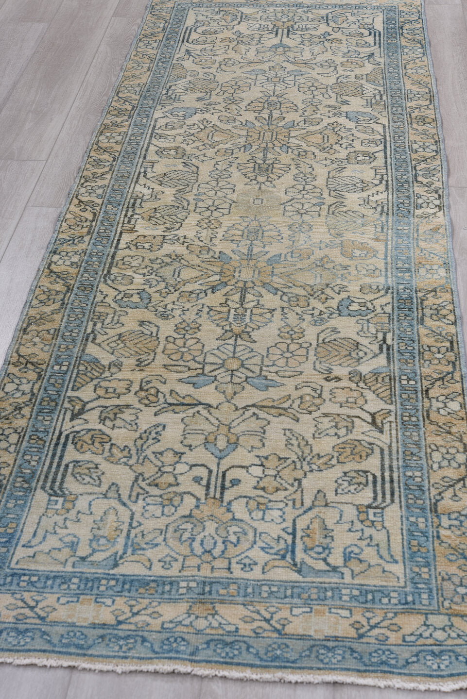 3' x 9' one-of-a-kind handmade vintage Malayer runner rug. Color palette: black, blue, gray, green, light gray, off-white