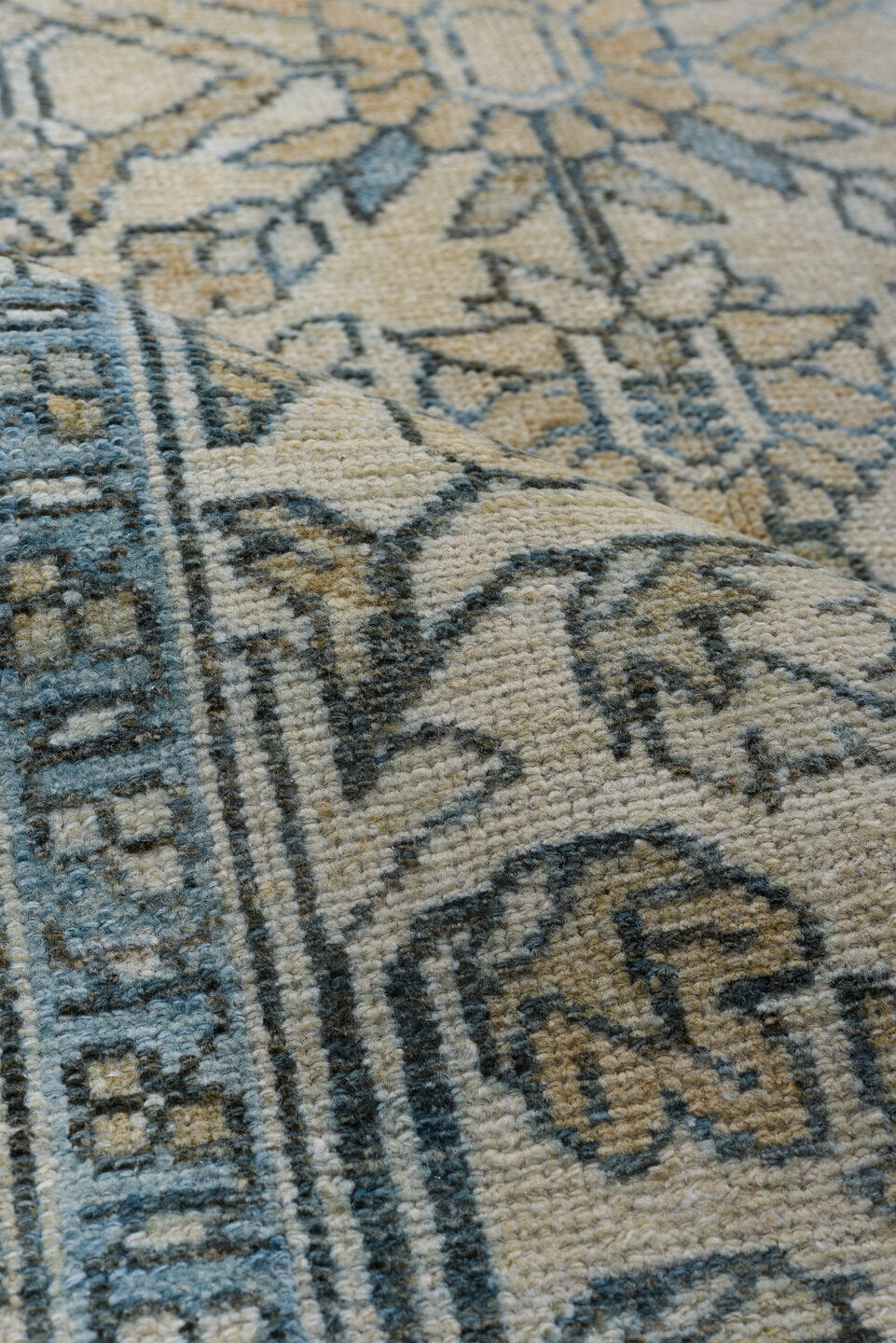 3' x 9' one-of-a-kind handmade vintage Malayer runner rug. Color palette: black, blue, gray, green, light gray, off-white