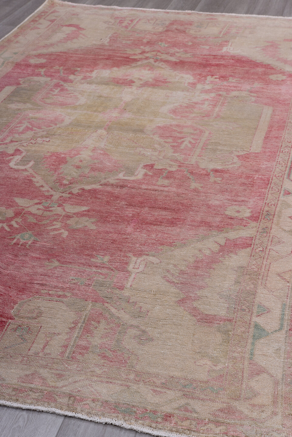 6' x 11' one-of-a-kind handmade antique Oushak large size rug. Color palette: rose, ivory, blush, taupe, sage, pale blue