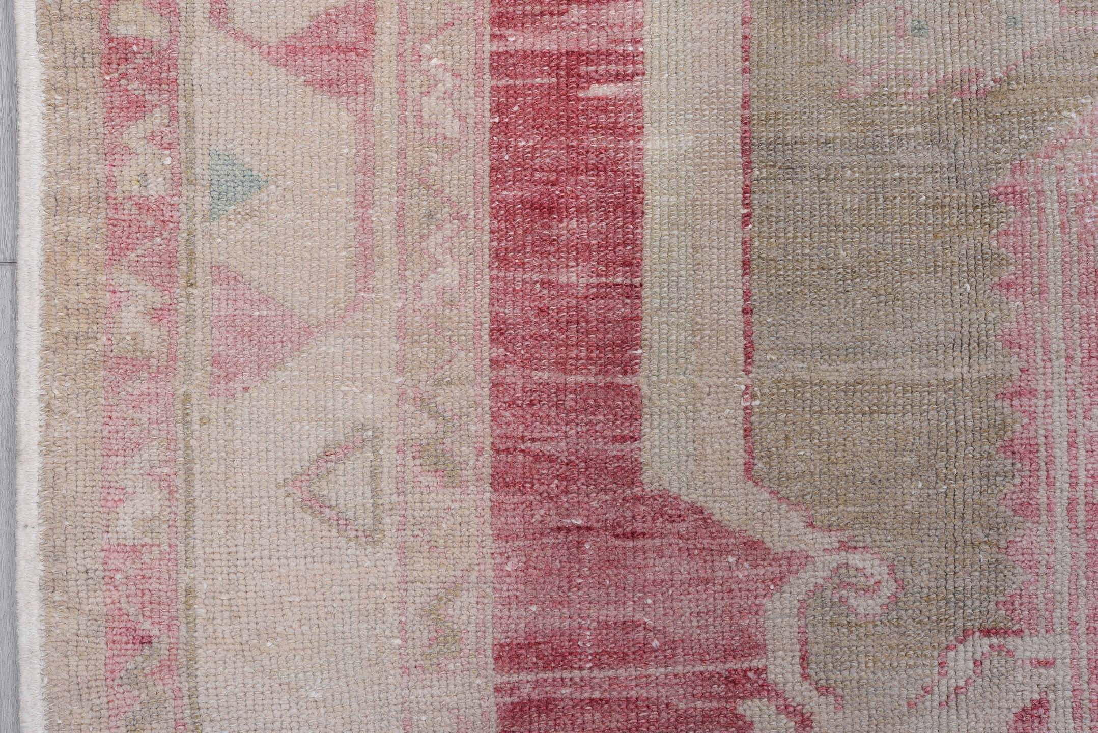 6' x 11' one-of-a-kind handmade antique Oushak large size rug. Color palette: rose, ivory, blush, taupe, sage, pale blue