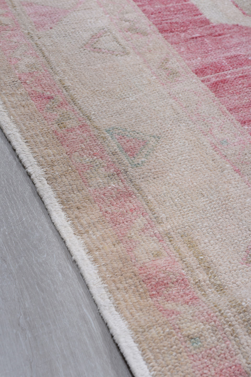 6' x 11' one-of-a-kind handmade antique Oushak large size rug. Color palette: rose, ivory, blush, taupe, sage, pale blue