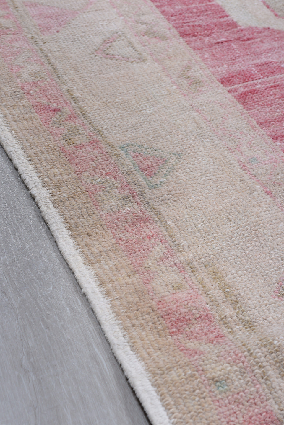6' x 11' one-of-a-kind handmade antique Oushak large size rug. Color palette: rose, ivory, blush, taupe, sage, pale blue