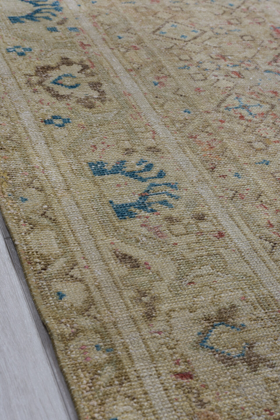 5' x 11' one-of-a-kind handmade vintage Malayer runner rug. Color palette: blue, brown, gray, light gray, off-white