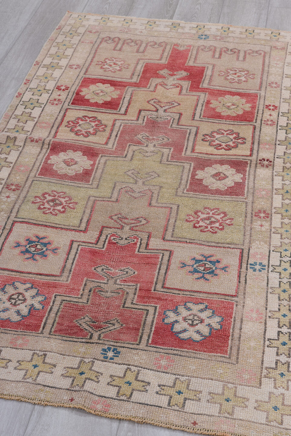 3' x 6' one-of-a-kind handmade antique Oushak small size rug. Color palette: beige, coral, rose, taupe, ivory, blue