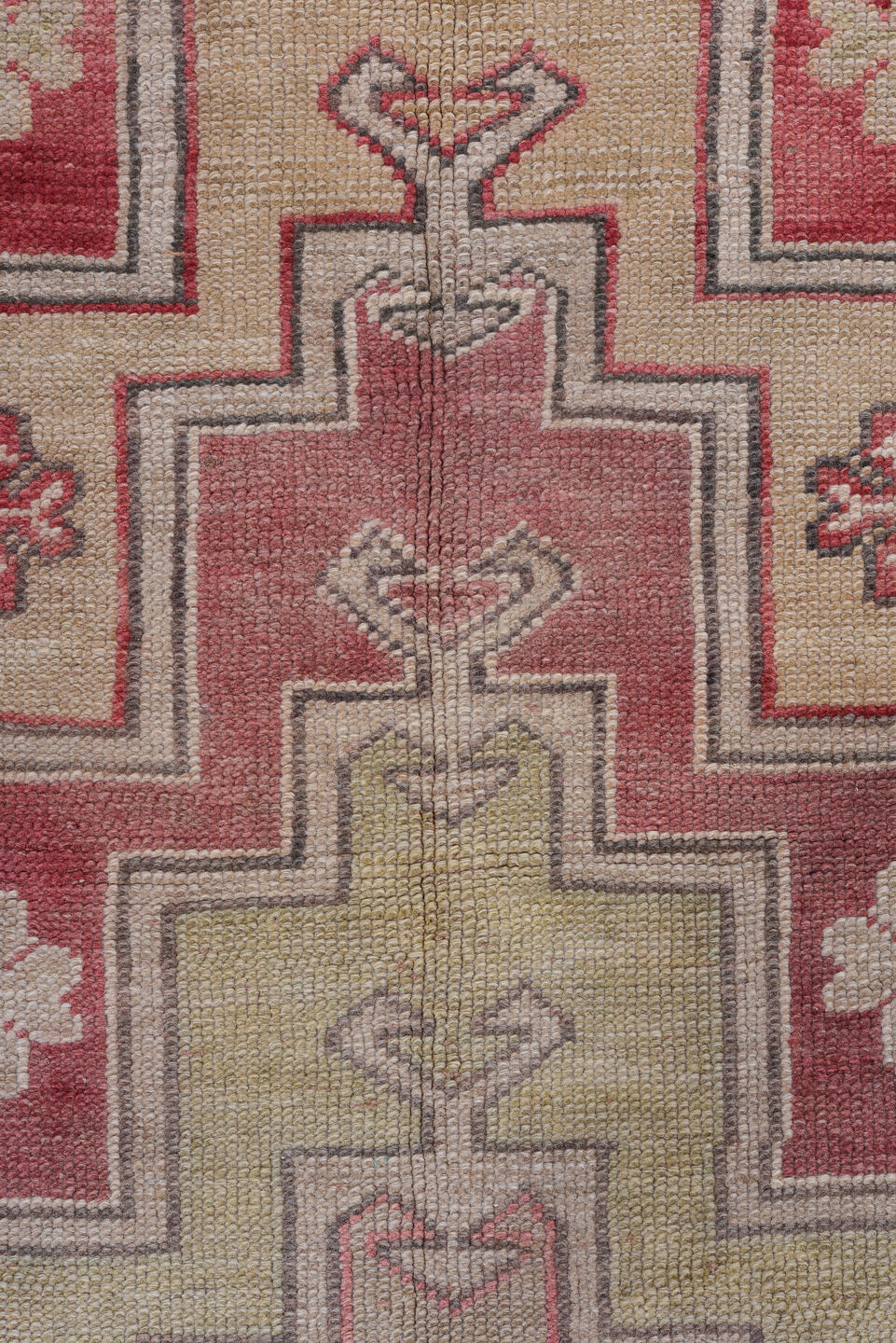 3' x 6' one-of-a-kind handmade antique Oushak small size rug. Color palette: beige, coral, rose, taupe, ivory, blue