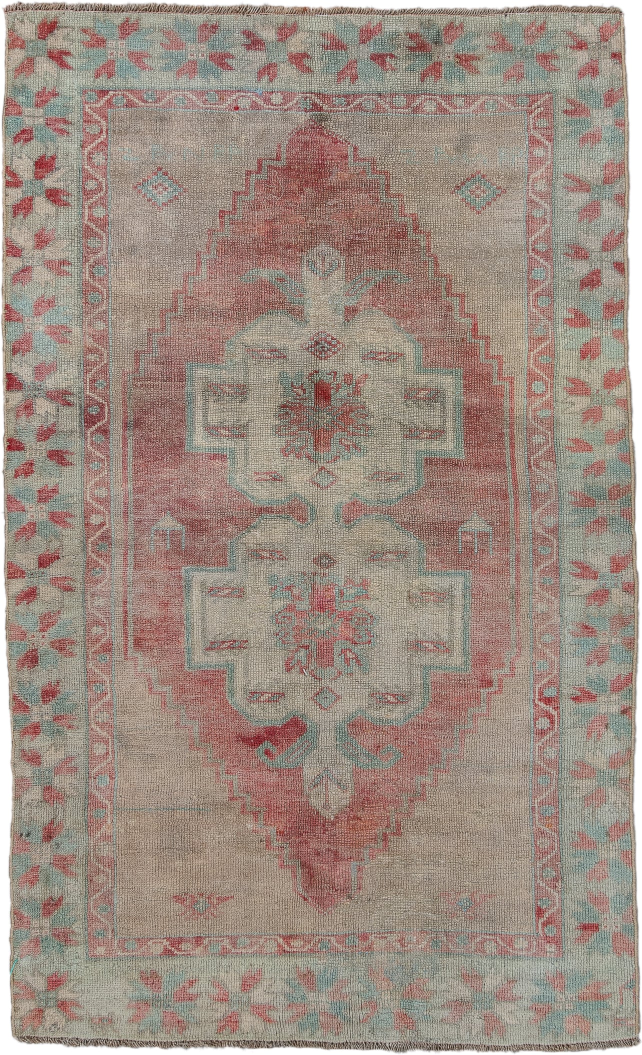 3' x 5' one-of-a-kind handmade antique Oushak small size rug. Color palette: ivory, blush, pale aqua, rose, taupe, coral