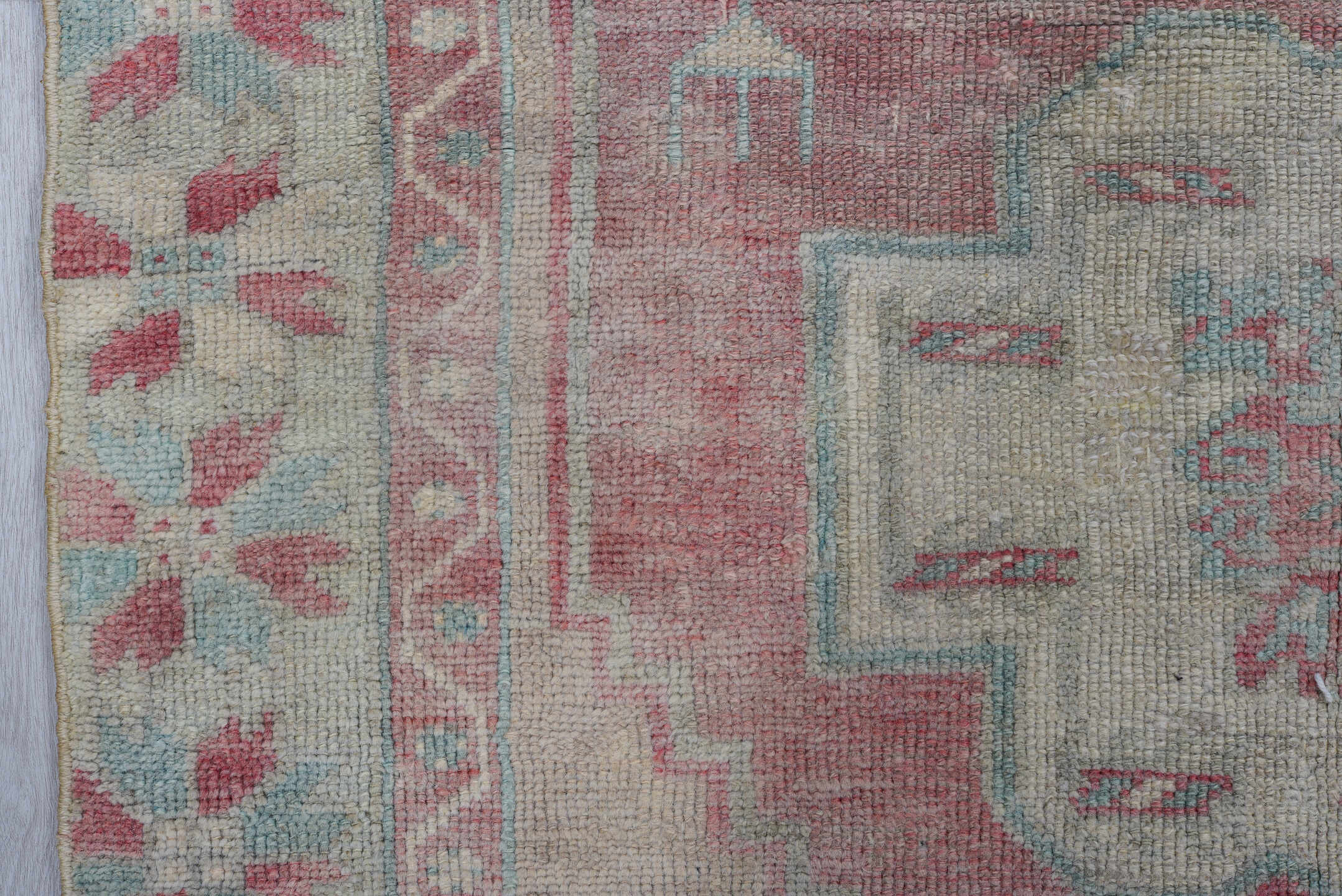 3' x 5' one-of-a-kind handmade antique Oushak small size rug. Color palette: ivory, blush, pale aqua, rose, taupe, coral