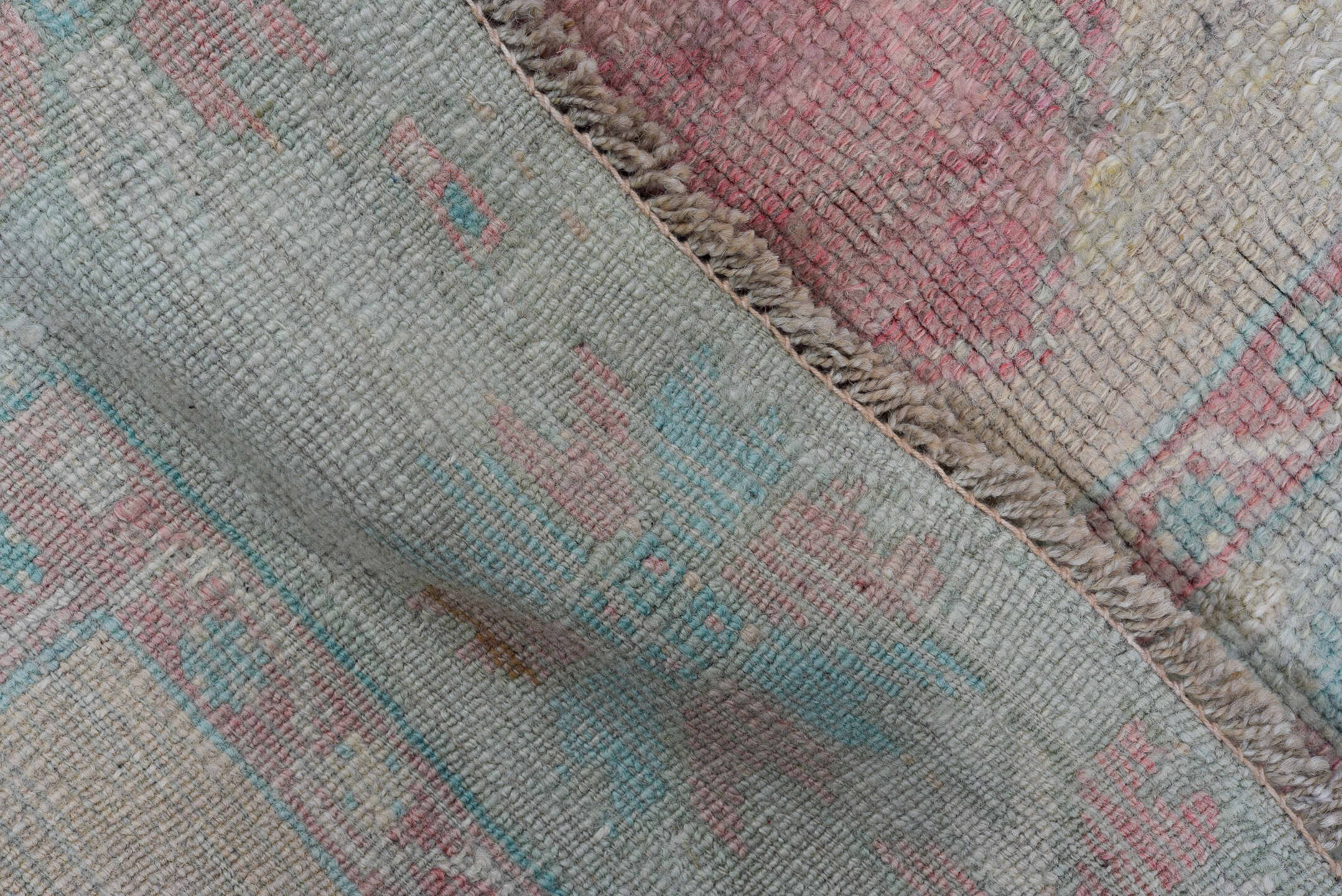 3' x 5' one-of-a-kind handmade antique Oushak small size rug. Color palette: ivory, blush, pale aqua, rose, taupe, coral