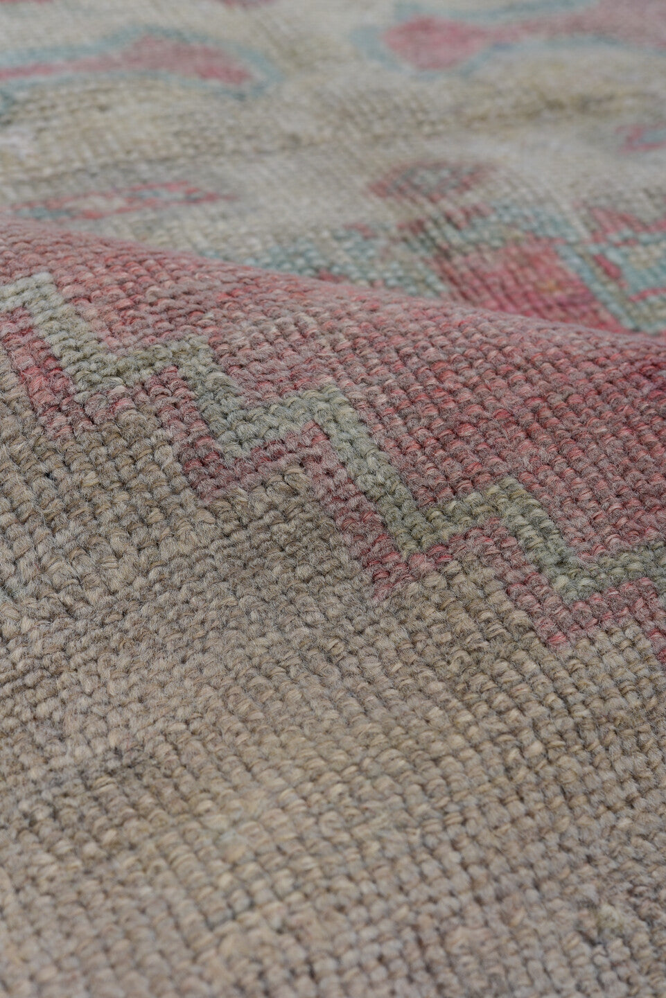 3' x 5' one-of-a-kind handmade antique Oushak small size rug. Color palette: ivory, blush, pale aqua, rose, taupe, coral