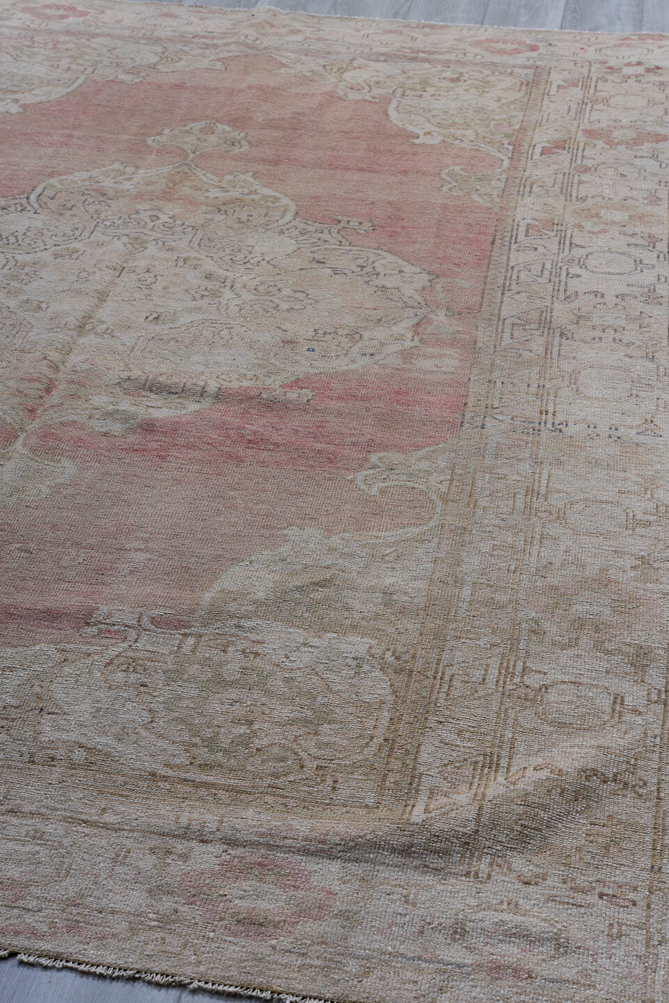 6' x 9' one-of-a-kind handmade vintage Oushak medium size rug. Color palette: brown, gray, light gray, off-white, pink
