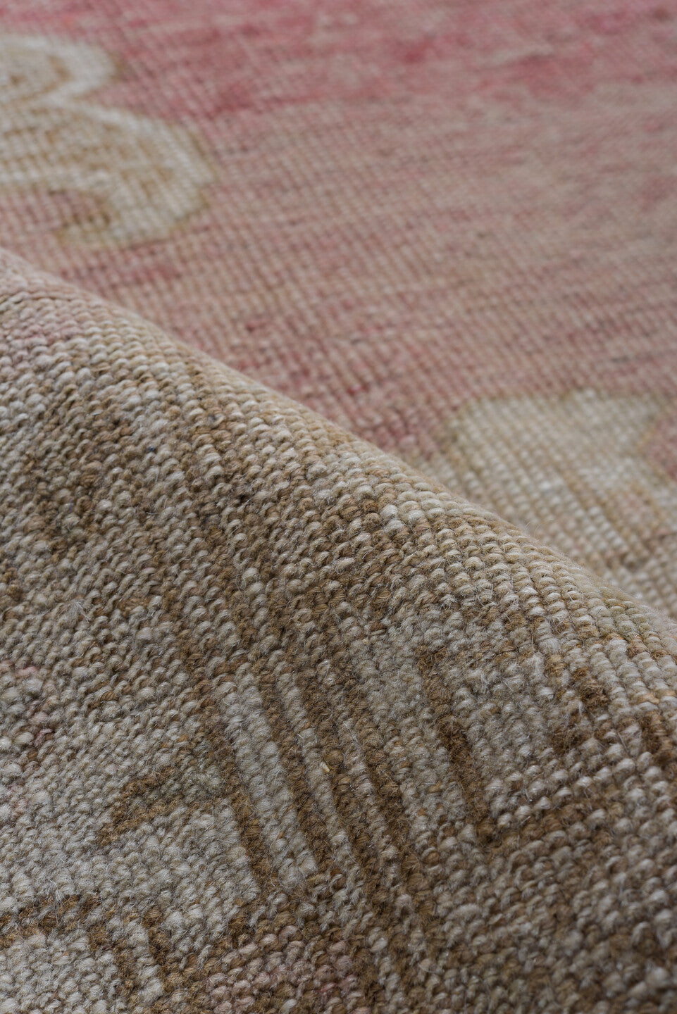 6' x 9' one-of-a-kind handmade vintage Oushak medium size rug. Color palette: brown, gray, light gray, off-white, pink