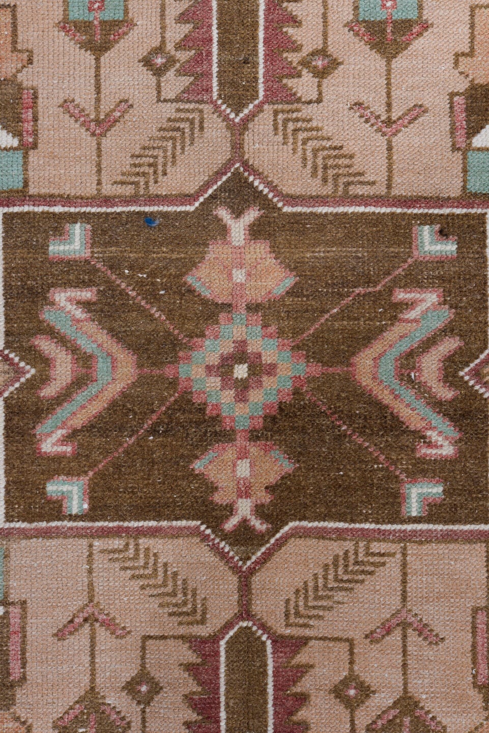 3' x 8' one-of-a-kind handmade vintage Oushak runner rug. Color palette: rose, brown, ivory, taupe, teal, rust, pink, red