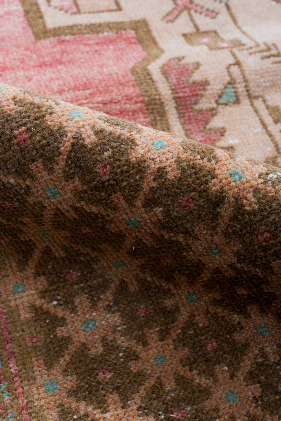 3' x 8' one-of-a-kind handmade vintage Oushak runner rug. Color palette: rose, brown, ivory, taupe, teal, rust, pink, red