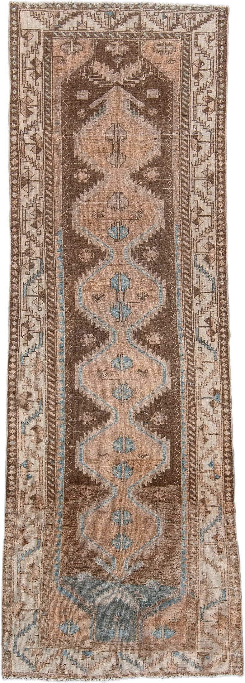 3' x 9' one-of-a-kind handmade antique Malayer runner rug. Color palette: brown, ivory, camel, pale_blue, taupe, beige