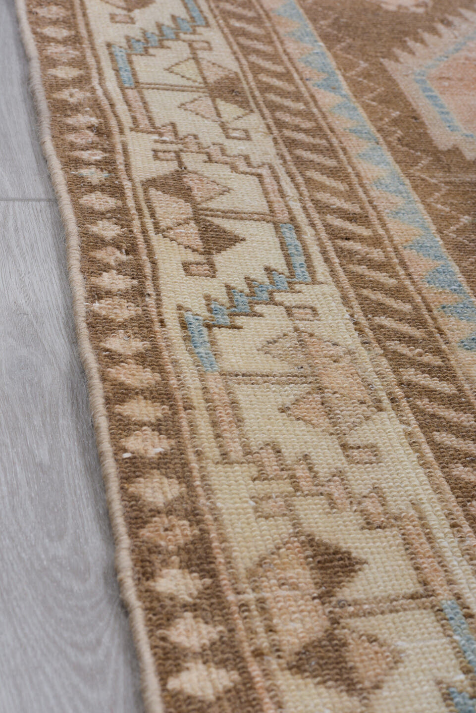 3' x 9' one-of-a-kind handmade antique Malayer runner rug. Color palette: brown, ivory, camel, pale_blue, taupe, beige