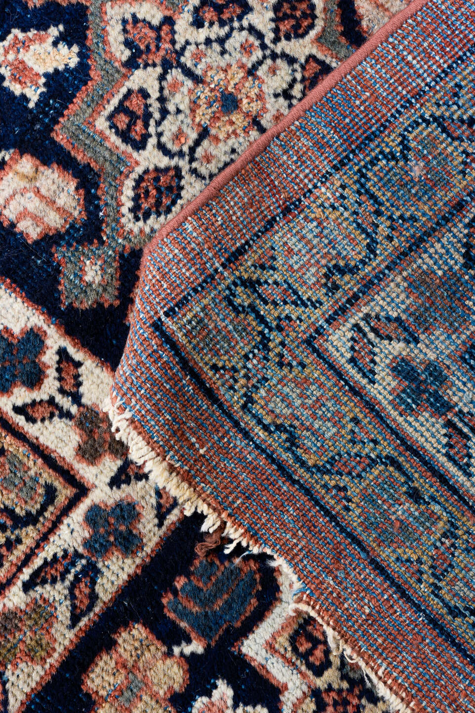 12' x 18' one-of-a-kind handmade antique Sultanabad oversize rug. Color palette: terra cotta, navy, ivory, slate, rust