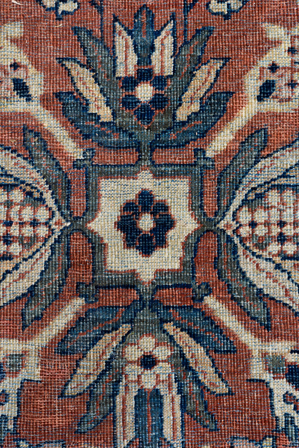 12' x 18' one-of-a-kind handmade antique Sultanabad oversize rug. Color palette: terra cotta, navy, ivory, slate, rust