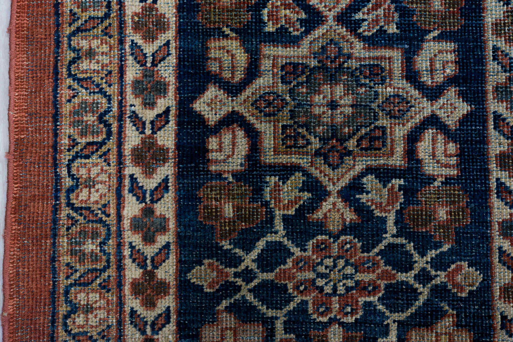 12' x 18' one-of-a-kind handmade antique Sultanabad oversize rug. Color palette: terra cotta, navy, ivory, slate, rust
