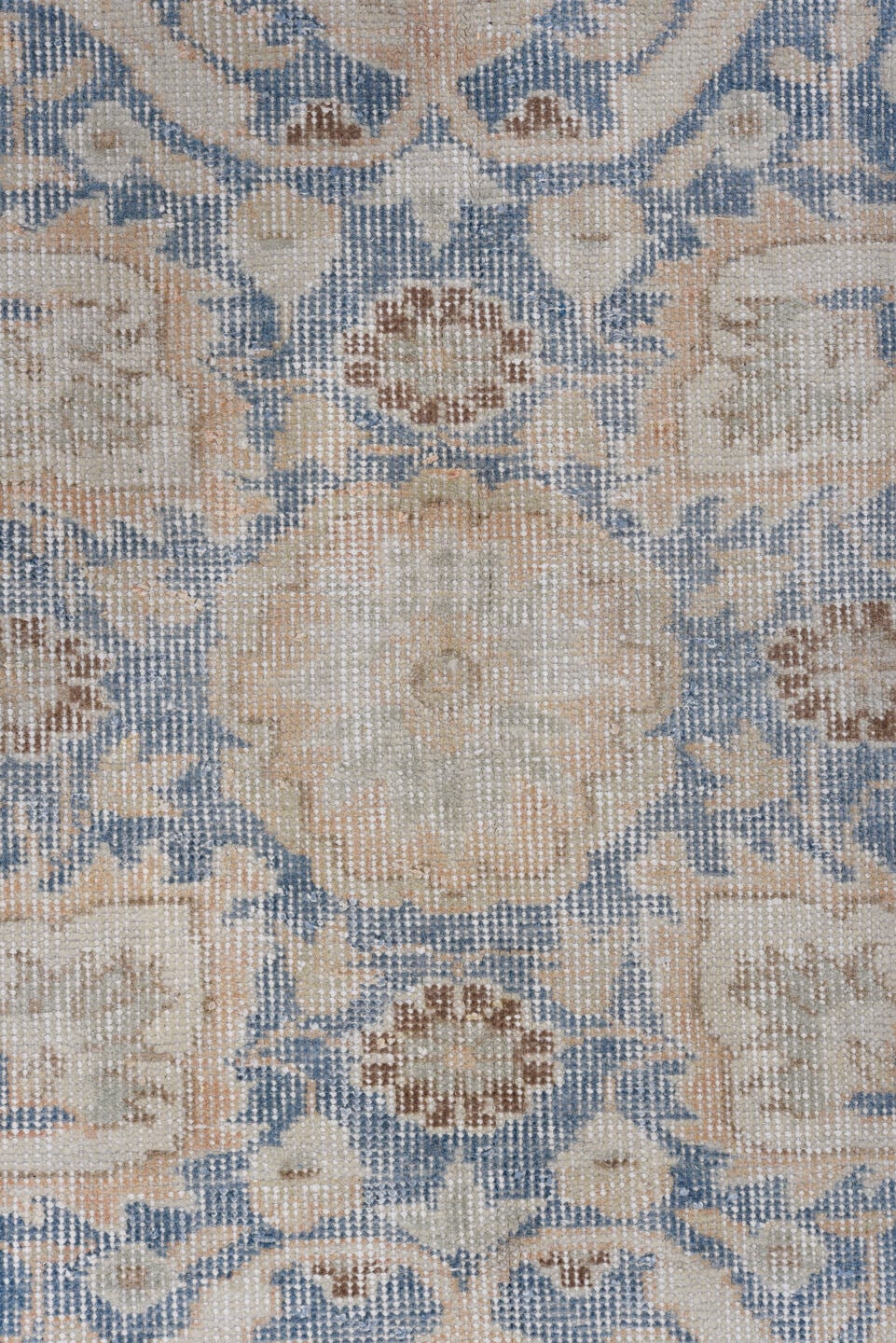 7' x 10' one-of-a-kind handmade antique Sparta large size rug. Color palette: apricot, dusty blue, ivory, rose, taupe, beige