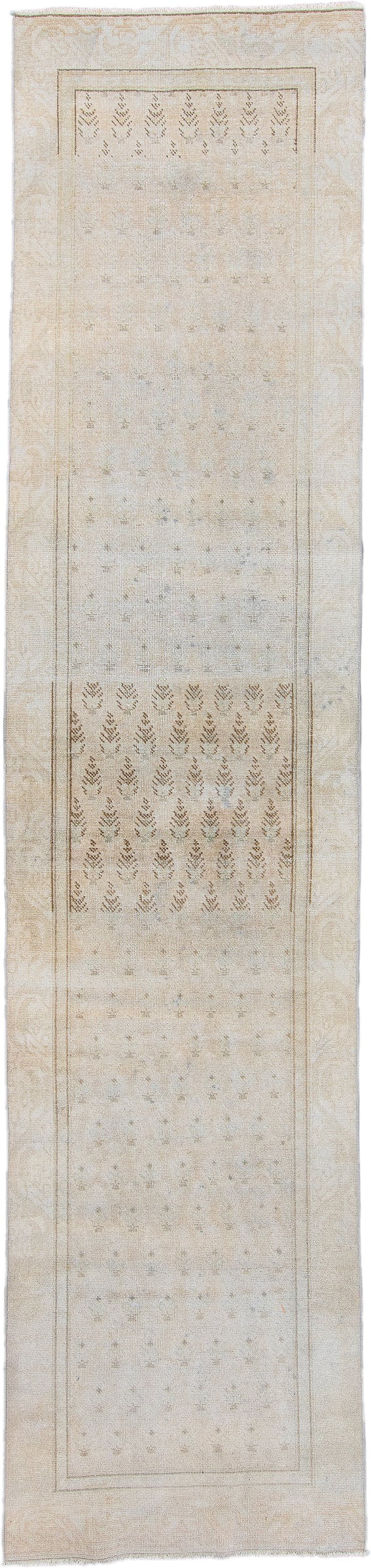 3' x 12' one-of-a-kind handmade antique Sparta runner rug. Color palette: ivory, beige, taupe, camel, pale blue, sand, gray