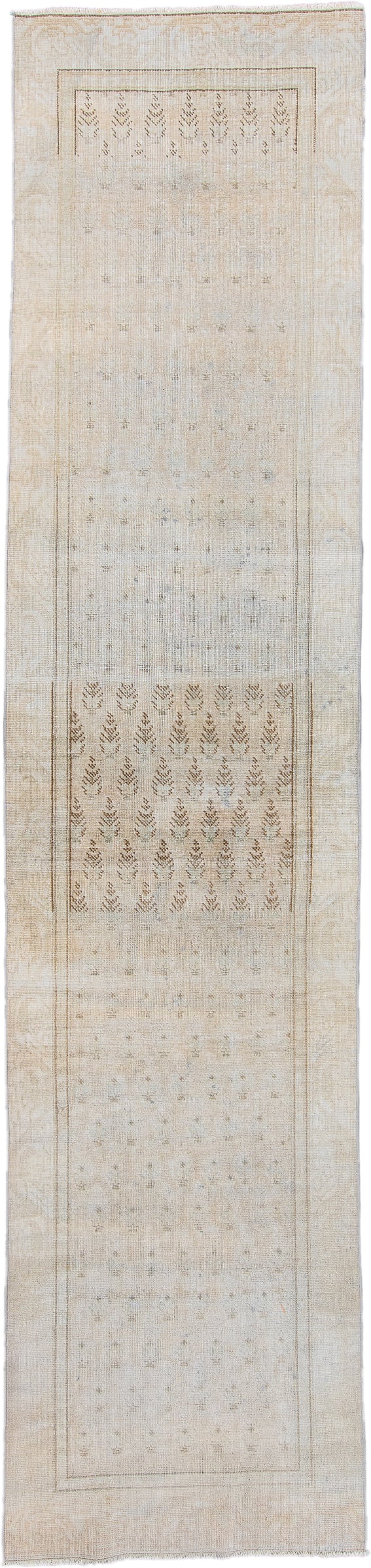 3' x 12' one-of-a-kind handmade antique Sparta runner rug. Color palette: ivory, beige, taupe, camel, pale blue, sand, gray