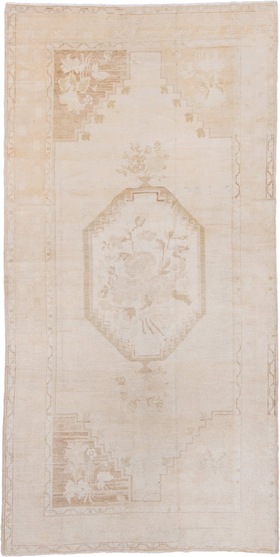4' x 9' one-of-a-kind handmade vintage Oushak runner rug. Color palette: ivory, cream, sand, beige, taupe, gray