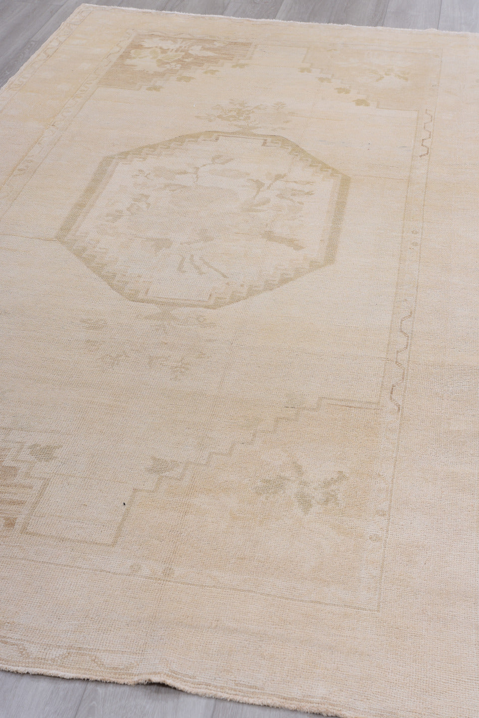 4' x 9' one-of-a-kind handmade vintage Oushak runner rug. Color palette: ivory, cream, sand, beige, taupe, gray