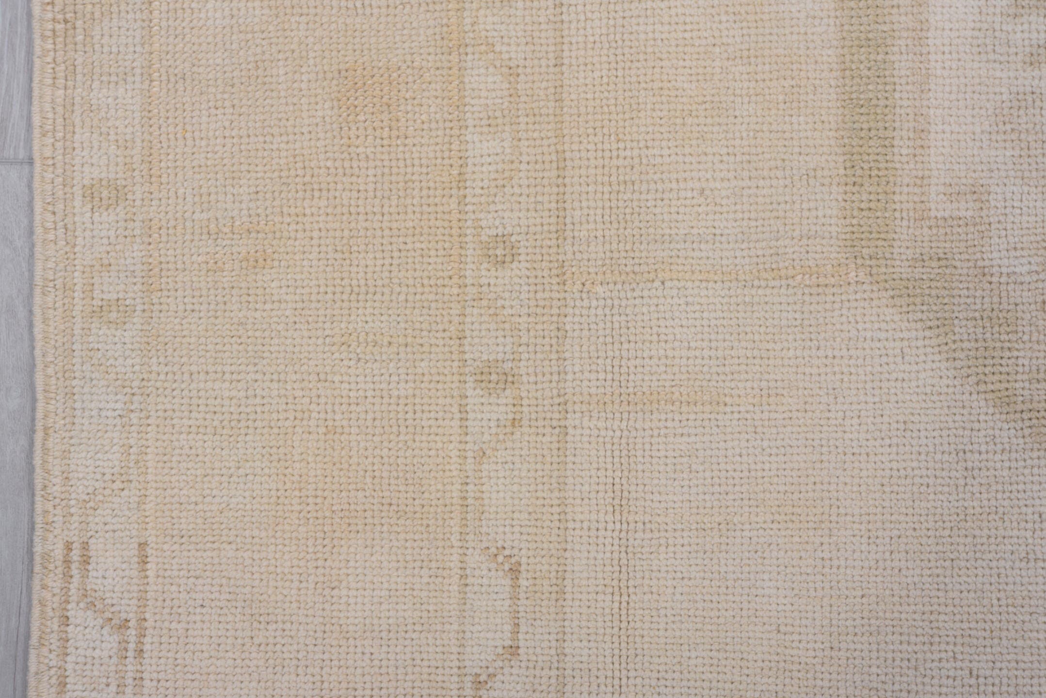 4' x 9' one-of-a-kind handmade vintage Oushak runner rug. Color palette: ivory, cream, sand, beige, taupe, gray