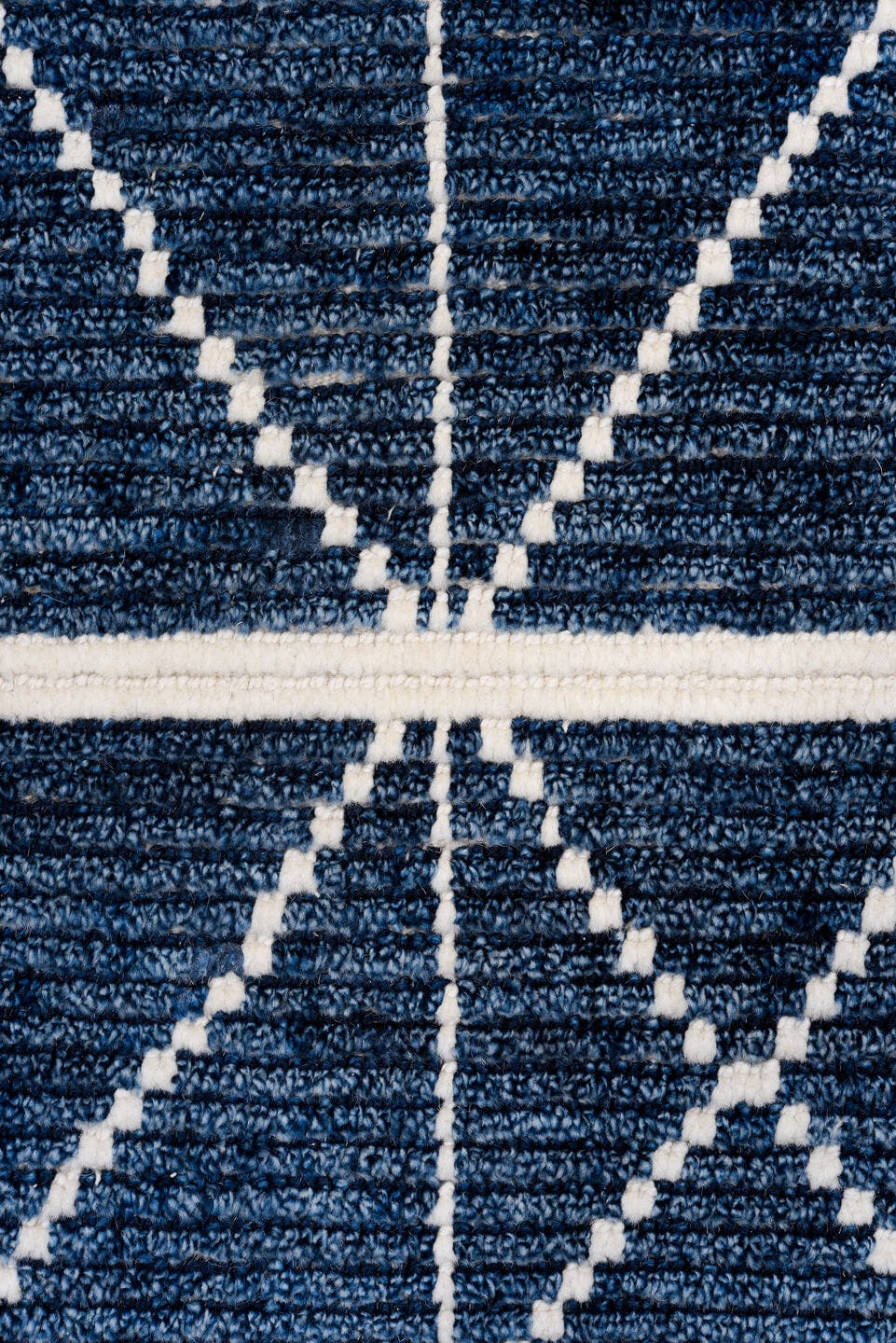 9' x 13' one-of-a-kind handmade vintage Tulu large size rug. Color palette: indigo, ivory, slate, purple, gray