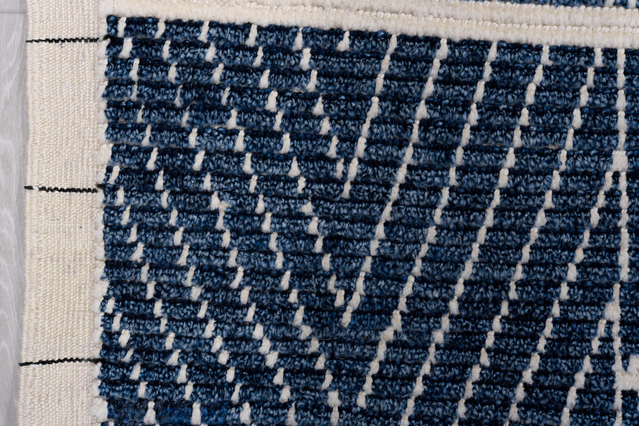 9' x 13' one-of-a-kind handmade vintage Tulu large size rug. Color palette: indigo, ivory, slate, purple, gray