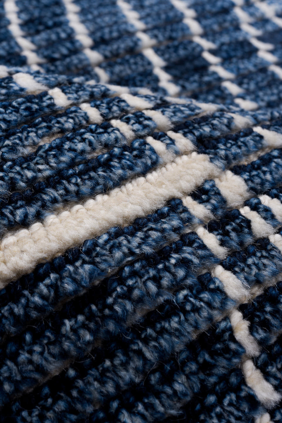 9' x 13' one-of-a-kind handmade vintage Tulu large size rug. Color palette: indigo, ivory, slate, purple, gray