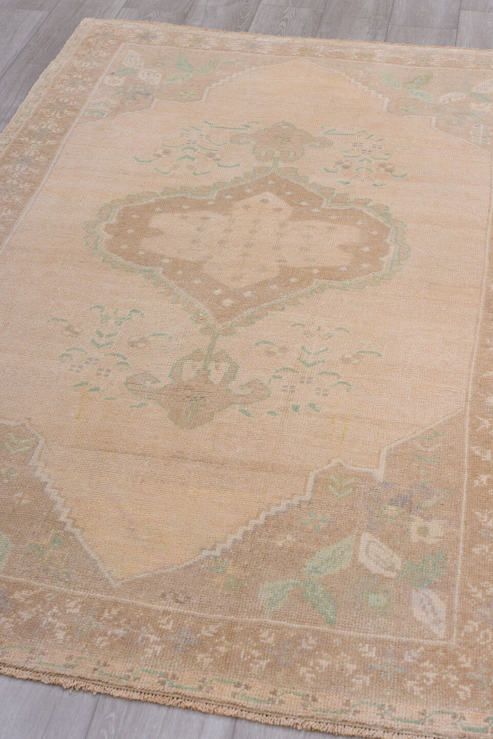 4' x 7' one-of-a-kind handmade vintage Oushak rug. Color palette: beige, taupe, ivory, pale_aqua, sand, camel, gray, teal