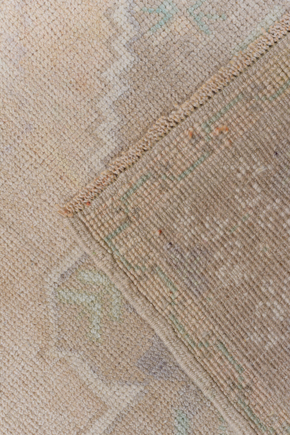 4' x 7' one-of-a-kind handmade vintage Oushak rug. Color palette: beige, taupe, ivory, pale_aqua, sand, camel, gray, teal