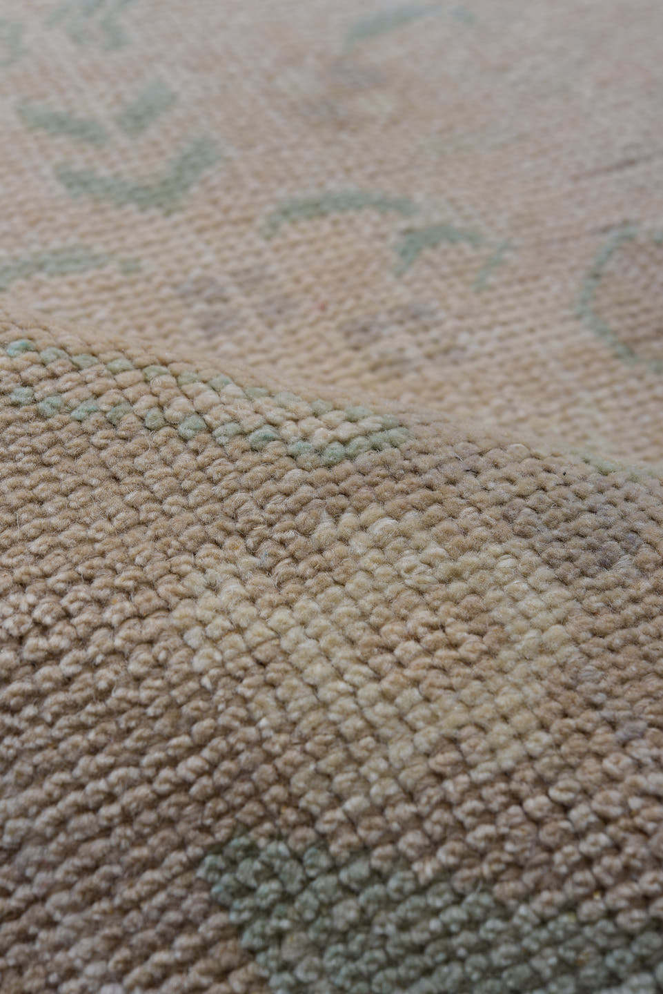 4' x 7' one-of-a-kind handmade vintage Oushak rug. Color palette: beige, taupe, ivory, pale_aqua, sand, camel, gray, teal