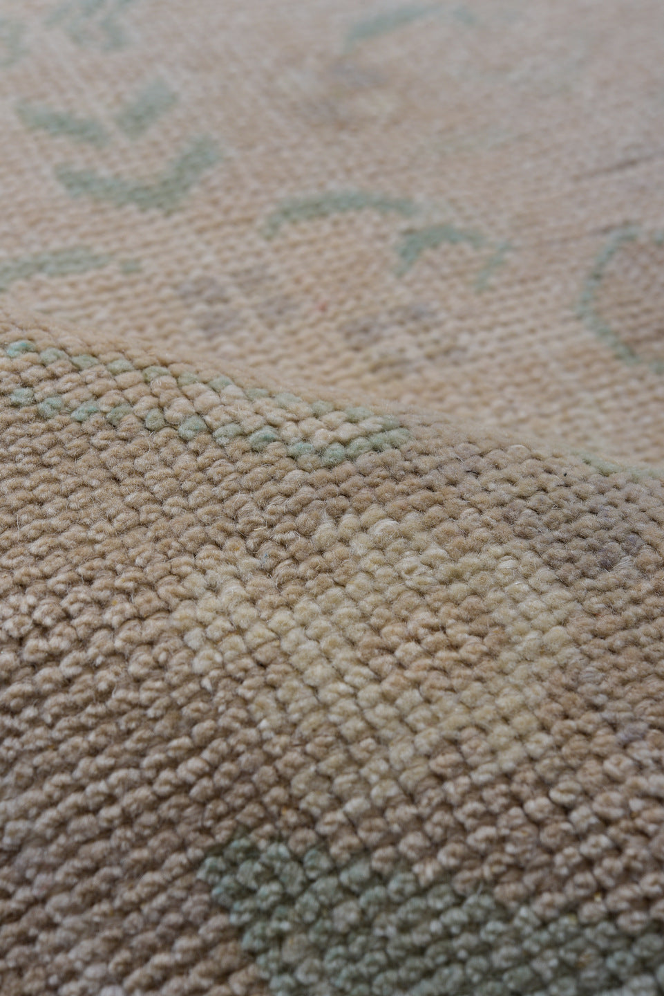 4' x 7' one-of-a-kind handmade vintage Oushak rug. Color palette: beige, taupe, ivory, pale_aqua, sand, camel, gray, teal