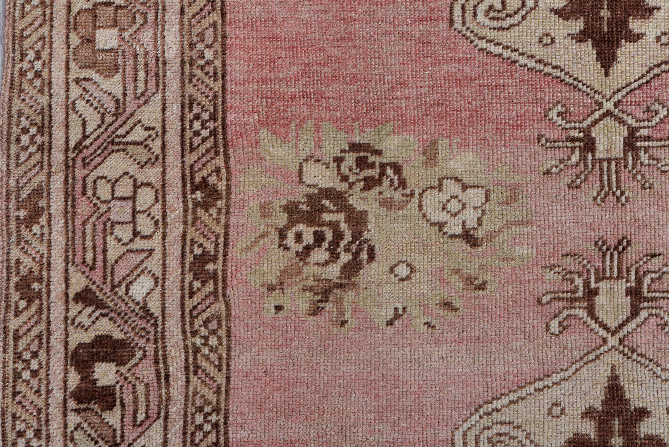 3' x 10' one-of-a-kind handmade vintage Oushak runner rug. Color palette: brown, gray, light gray, off-white, orange, pink