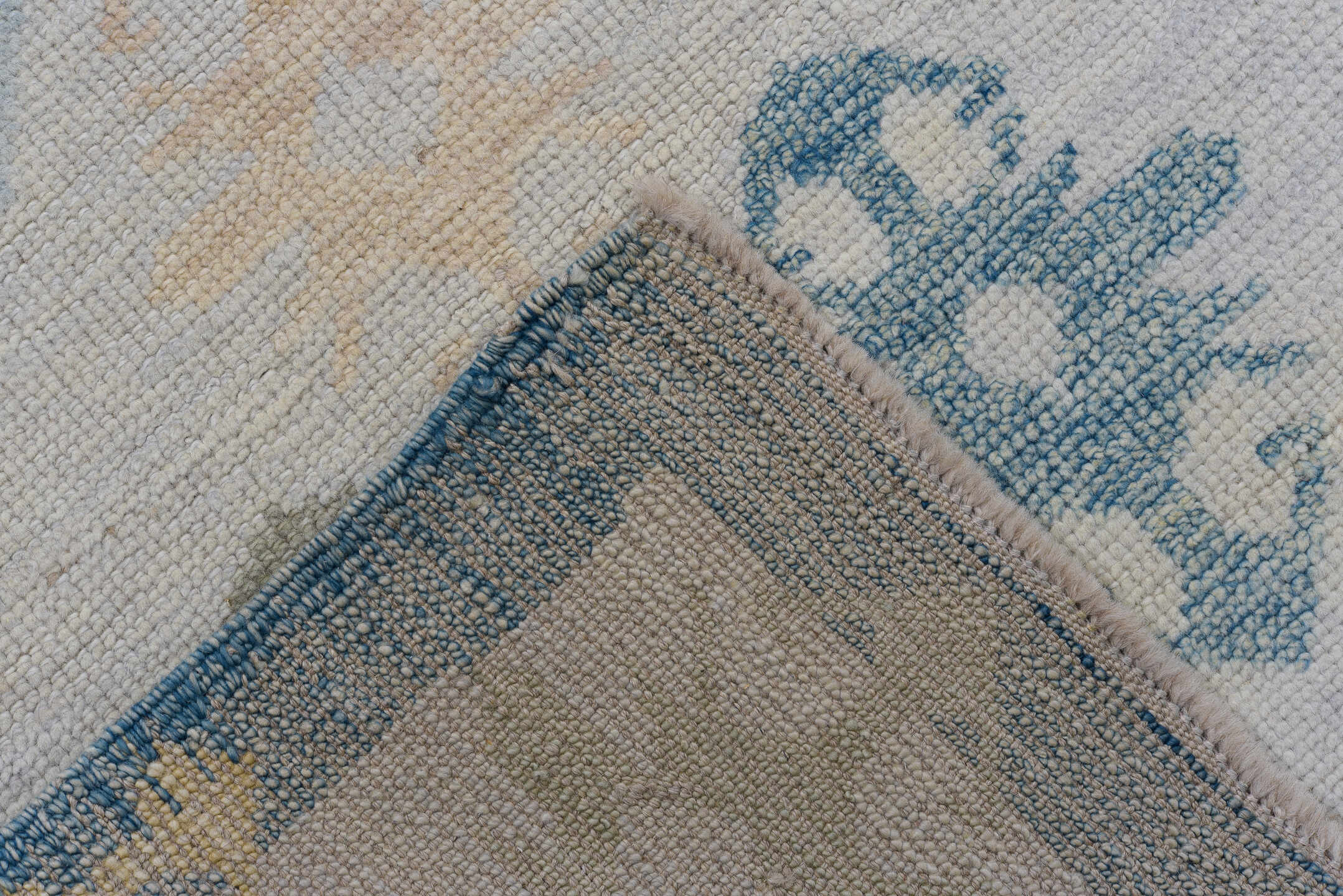 2' x 5' one-of-a-kind handmade vintage Oushak small size rug. Color palette: ivory, sky blue, slate blue, apricot