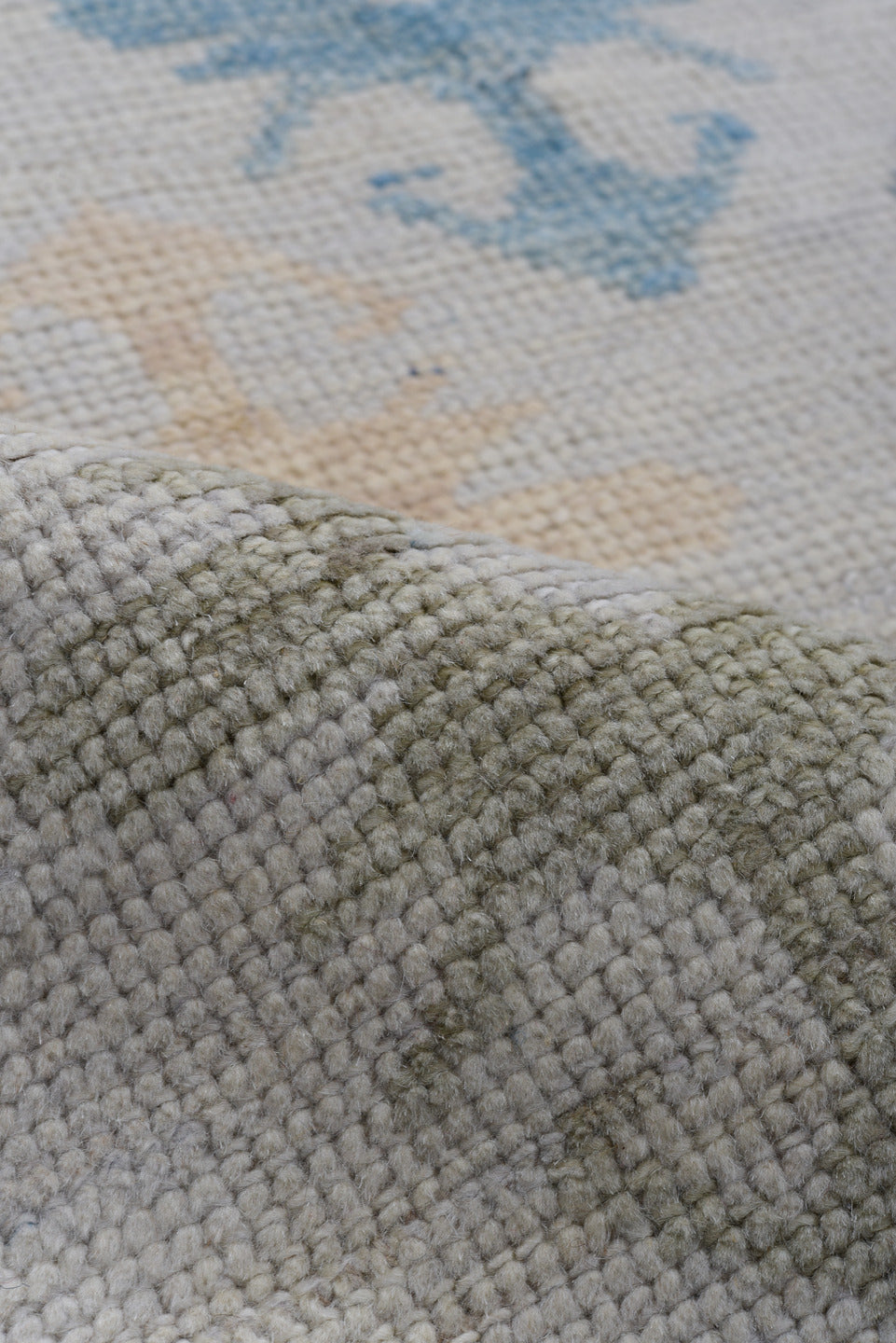 2' x 5' one-of-a-kind handmade vintage Oushak small size rug. Color palette: ivory, sky blue, slate blue, apricot