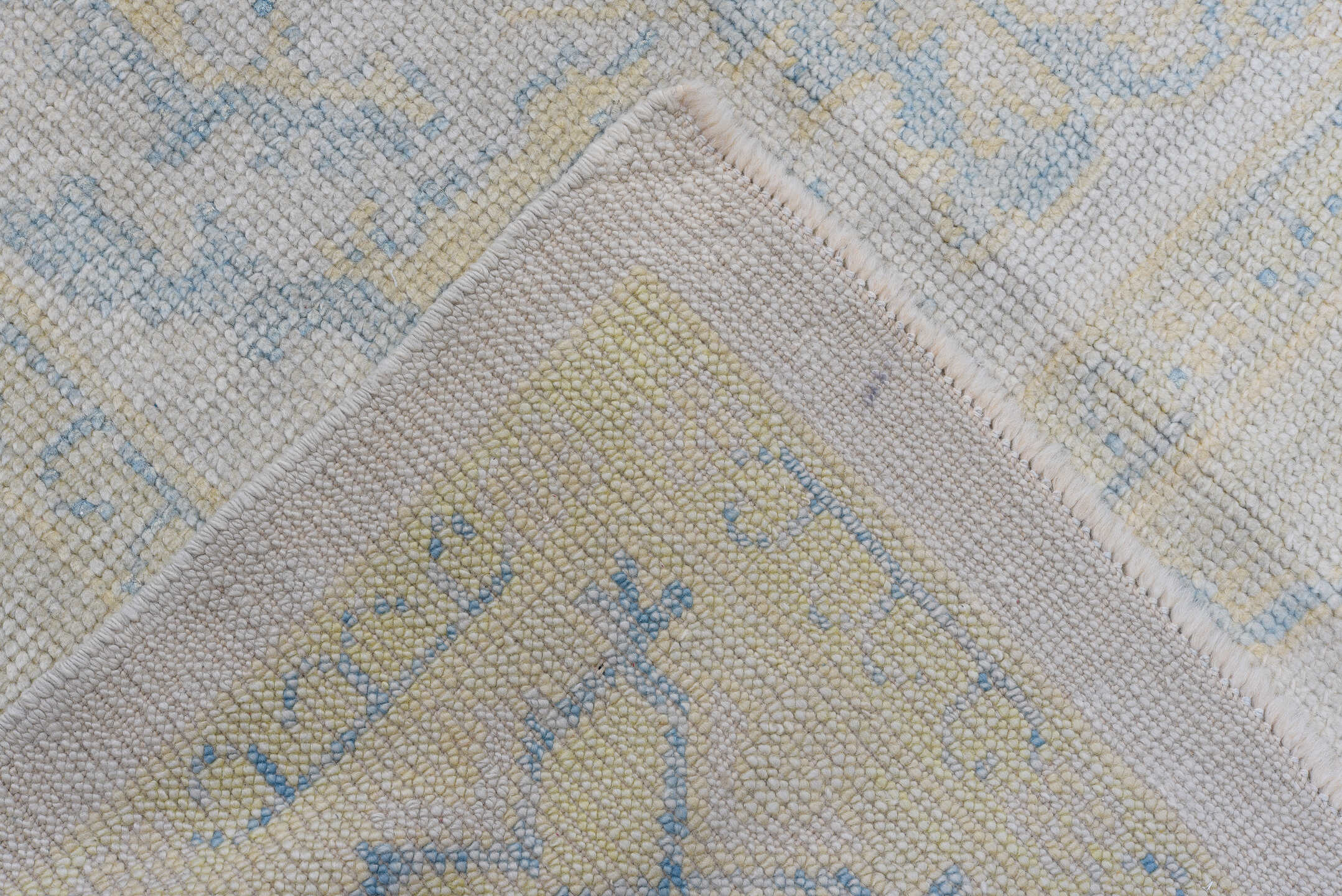 8' x 10' one-of-a-kind handmade vintage Oushak large size rug. Color palette: ivory, pale blue, gold, cream, beige