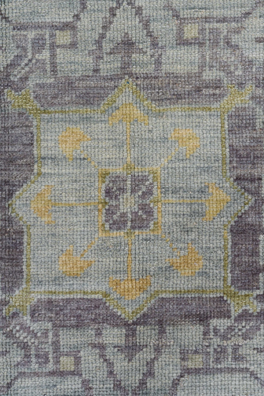 8' x 12' one-of-a-kind handmade vintage Oushak large size rug. Color palette: gray, pale blue, ivory, gold, taupe, rust